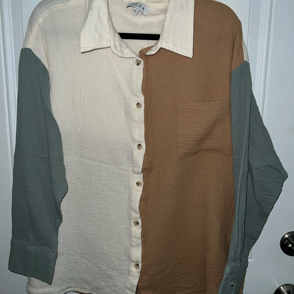 Acoa Cream and Tan Casual Button Down Shirts Cotton Blend